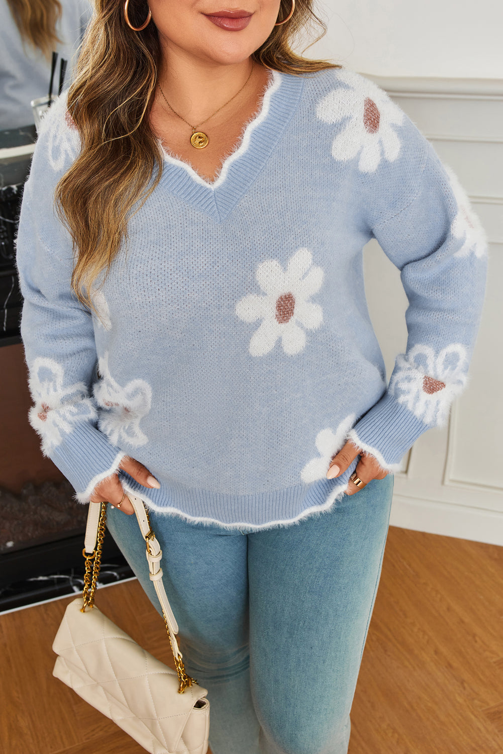 Gray Fuzzy Flower Scalloped V Neck Plus Size Sweater Dear-Lover Dropshipping